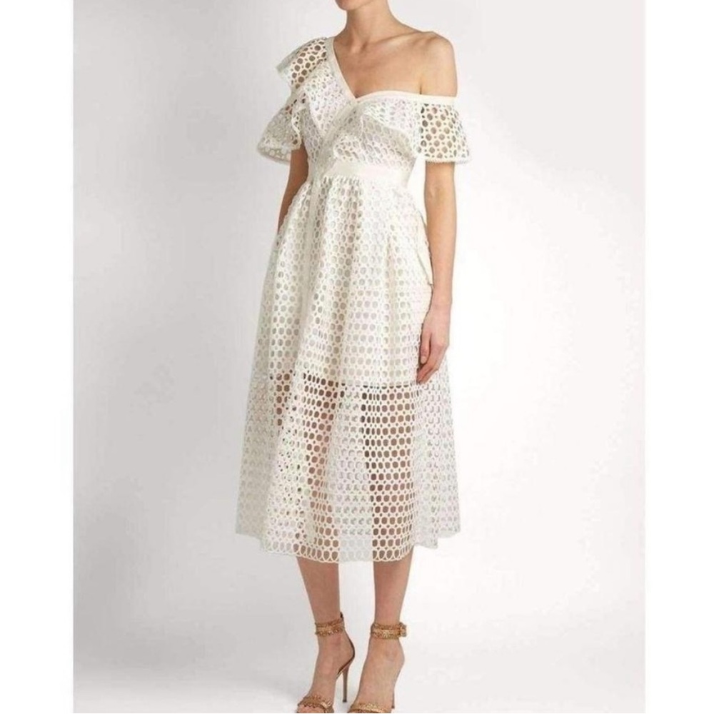 Self-Portrait One Shoulder Guipure Lace Runway Midi Formal Dress White 6